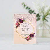 18th誕生日花模様バラ金ゴールドグリッター招待 ポストカード (スタンド正面)