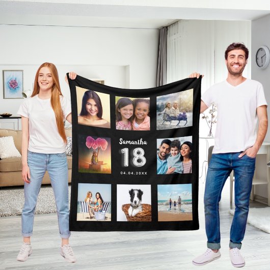 18th birthday black silver photo collage name フリースブランケット