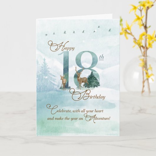 18th Birthday Evergreen Pines and Deer Nature カード (黄色い花)