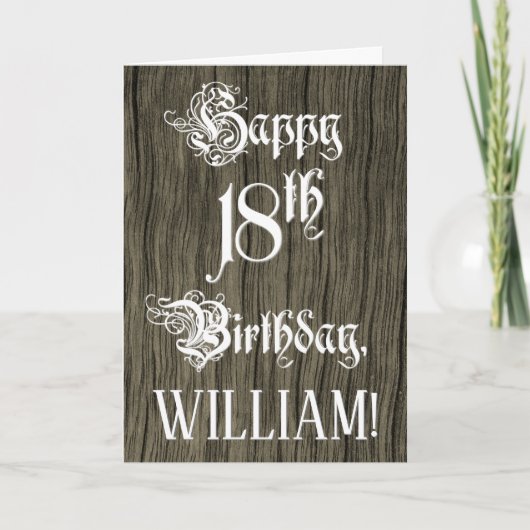 18th Birthday: Fancy, Elegant Text; Faux Wood Look カード (正面)