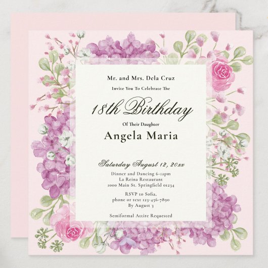 18th Birthday Invitation Elegant Pink Flowers 招待状