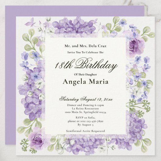 18th Birthday Invitation Elegant Purple Flowers 招待状