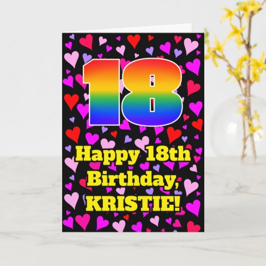 18th Birthday: Loving Hearts Pattern, Rainbow # 18 カード (黄色い花)