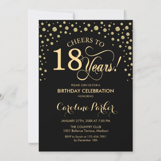 18th Birthday Party招待 – 金ゴールドブラック 招待状 (正面)