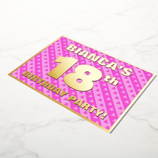 18th Birthday Party —おもしろいピンクのハートとストライプ 箔招待状 (回転した状態)