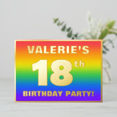 18th Birthday Party:おもしろい、レインボーカラフルパターン 箔招待状 (立ち正面)