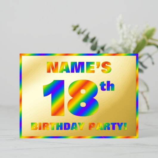 18th Birthday Party —おもしろい、レインボースペクトル「18」 箔招待状 (立ち正面)