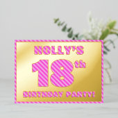 18th Birthday Party — はっきりした、おもしろい、ピンクストライプ色18 箔招待状 (立ち正面)