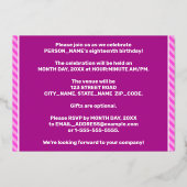 18th Birthday Party — はっきりした、おもしろい、ピンクストライプ色18 箔招待状 (裏面)
