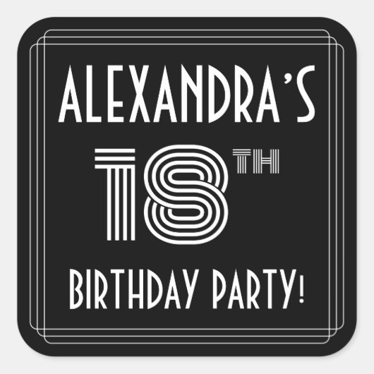 18th Birthday Party:アールデコスタイルと名前をカスタムする スクエアシール (正面)
