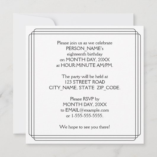 18th Birthday Party:アールデコスタイル(名前をカスタムする付) 招待状 (裏面)