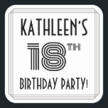 18th Birthday Party:アールデコスタイル 名前をカスタムする スクエアシール<br><div class="desc">18インスパイア誕生祝いスクエアのデザインは、編集可能な名前、芸術のデコスタイルの数数"18th"、メッセージ"BIRTHDAY PARTY!"と線のパターンを含む豪華で雄大な200年代の18スクエアのシールを備えている。このような豪華な誕生日をテーマにしたステッカーは、誰か祝の18歳の誕生日に使用されるか、配布されるか、またはそのようなイベントのために招待状を準備したりプレゼントを包んだりするときに使用されるかもしれない。[～Z0000618]</div>