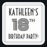 18th Birthday Party:アールデコスタイル 名前をカスタムする スクエアシール<br><div class="desc">18インスパイア誕生祝いスクエアのデザインは、編集可能な名前、芸術のデコスタイルの数数"18th"、メッセージ"BIRTHDAY PARTY!"と線のパターンを含む豪華で雄大な200年代の18スクエアのシールを備えている。このような豪華な誕生日をテーマにしたステッカーは、誰か祝の18歳の誕生日に使用されるか、配布されるか、またはそのようなイベントのために招待状を準備したりプレゼントを包んだりするときに使用されるかもしれない。[～Z0000618]</div>