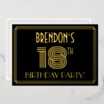 18th Birthday Party —アールデコスタイル「18」  名前 箔招待状<br><div class="desc">1920年代から1930年代のスタイルインスパイア18誕生祝いフォイルへの招待の前には、カスタマイズ可能な名前、大きなヴィンテージデコのルック数インスパイア「18TH」、メッセージ「BIRTHDAY PARTY!」、ラインのパタ縁どーンが含まれている。デフォルトでは前面に黒い色の背景があるが、希望の色にするカスタマイズことが違う可能もし。背面にはパーソナライズされた、日付、時刻、場所、関連する可能性のあるその他の情報など、イベントに関する詳細が表示される。豪華エレガントでパーソナライズされた、このような招待状は、誰かの18歳の誕生日を祝って開催される誕生祝い/パーティーにゲストを招待状するために使用されるかもしれない。[～Z0000590]</div>