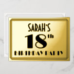 18th Birthday Party —アールデコ検索「18」  名前 箔招待状<br><div class="desc">1920年代から1930年代までの18インスパイア年のスタイルパーティー/お祝いフォイルの招待状の前には、カスタマイズ可能な名前、大きなアートのスタイル番号「18th」、メッセージ「BIRTHDAY PARTY」、ラインで構成されたパター縁どンが用意されている。バックにはパーソナライズされた、日付、時刻、会場、その他の重要な情報など、イベントに関する詳細が含まれている。このような豪華スタイリッシュで編集可能な招待状は、誰かの18歳の誕生日に開催される誕生日の集まりやパーティーにゲストを招待状するために使用され祝る可能性があります。[～Z0000592]</div>