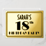18th Birthday Party —アールデコ検索「18」  名前 箔招待状<br><div class="desc">1920年代から1930年代までの18インスパイア年のスタイルパーティー/お祝いフォイルの招待状の前には、カスタマイズ可能な名前、大きなアートのスタイル番号「18th」、メッセージ「BIRTHDAY PARTY」、ラインで構成されたパター縁どンが用意されている。バックにはパーソナライズされた、日付、時刻、会場、その他の重要な情報など、イベントに関する詳細が含まれている。このような豪華スタイリッシュで編集可能な招待状は、誰かの18歳の誕生日に開催される誕生日の集まりやパーティーにゲストを招待状するために使用され祝る可能性があります。[～Z0000592]</div>