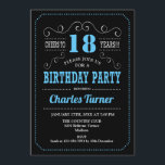 18th Birthday Party – ブラックブルー<br><div class="desc">第18回バースデーパーティーへの招待。黒エレガント色、青い白レトロデザインと黒板パターンとスクリプトフォント。応援18年！メッセージもしの詳細なカスタマイズが必要。</div>