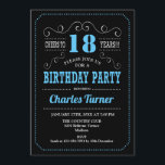 18th Birthday Party – ブラックブルー 招待状<br><div class="desc">第18回バースデーパーティーへの招待。黒エレガント色、青い白レトロデザインと黒板パターンとスクリプトフォント。応援18年！メッセージもしの詳細なカスタマイズが必要。</div>