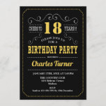 18th Birthday Party – ブラック金ゴールドホワイト 招待状<br><div class="desc">第18回バースデーパーティーへの招待。黒エレガント色、金ゴールド白レトロデザインと黒板パターンとスクリプトフォント。応援18年！メッセージもしの詳細なカスタマイズが必要。</div>