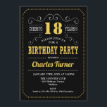 18th Birthday Party – ブラック金ゴールドホワイト 招待状<br><div class="desc">第18回バースデーパーティーへの招待。黒エレガント色、金ゴールド白レトロデザインと黒板パターンとスクリプトフォント。応援18年！メッセージもしの詳細なカスタマイズが必要。</div>