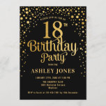 18th Birthday Party – ブラック&金ゴールド 招待状<br><div class="desc">第18回バースデーパーティーへの招待。黒エレガント色のデザインとフェイクグリッター金ゴールド。スクリプトスタイリッシュのフォントと紙吹雪の機能。メッセージもしメッセージはカスタム年齢。</div>