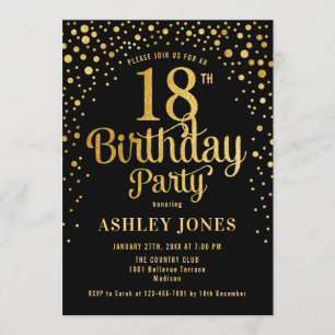 18th Birthday Party – ブラック&金ゴールド 招待状