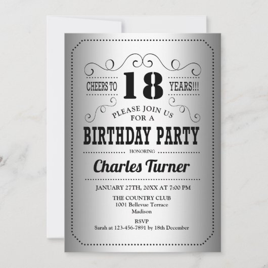 18th Birthday Party -レトロシルバーブラック 招待状 (正面)