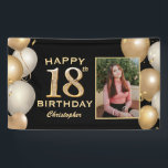 18th Birthday Party Black and Balloons Photo 横断幕<br><div class="desc">18th誕生日パーティブラックと金ゴールドバルーン写真バナー。さらにカスタマイクリックズを行う場合はカスタマイズ、「IT」ボタンをクリックし、このテンプレートを変更するために当社のデザインツールを使用する。</div>