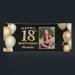 18th Birthday Party Black and Balloons Photo 横断幕<br><div class="desc">18th誕生日パーティブラックと金ゴールドバルーン写真バナー。さらにカスタマイクリックズを行う場合はカスタマイズ、「IT」ボタンをクリックし、このテンプレートを変更するために当社のデザインツールを使用する。</div>