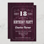 18th Birthday Party - Burgundy Wood Pattern 招待状 (正面/裏面)