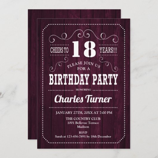 18th Birthday Party - Burgundy Wood Pattern 招待状 (正面/裏面)