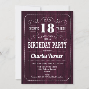 18th Birthday Party - Burgundy Wood Pattern 招待状