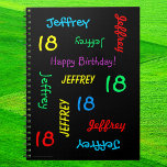 18th Birthday Party Guest Book, Repeat Name Black ノートブック<br><div class="desc">18歳の誕生日パーソナライズされたパーティーやその他の大事な行事のための素敵なスパイラルノートブックゲストブック。表紙では、名前と年齢が黒い背景の違うフォントと原色で繰り返し表示される。パーソナライズする簡単 – 名前、年齢、大事な行事を1か所で変更。最大9個の名前をサポートキャラクター。カラフルとおもしろい誕生日パーティーゲストブック – 任意の名前、任意の年齢に変更する簡単。All Rights Reserved © 2014 Alan & Marcia Socolik.</div>