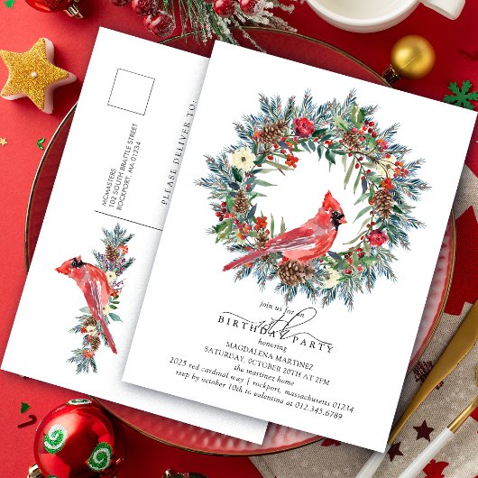 18th Birthday Party Red Cardinal Wreath インビテーションポストカード