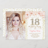 18th Birthday Party With Photo -金ゴールドピンクフローラ 招待状 (正面/裏面)