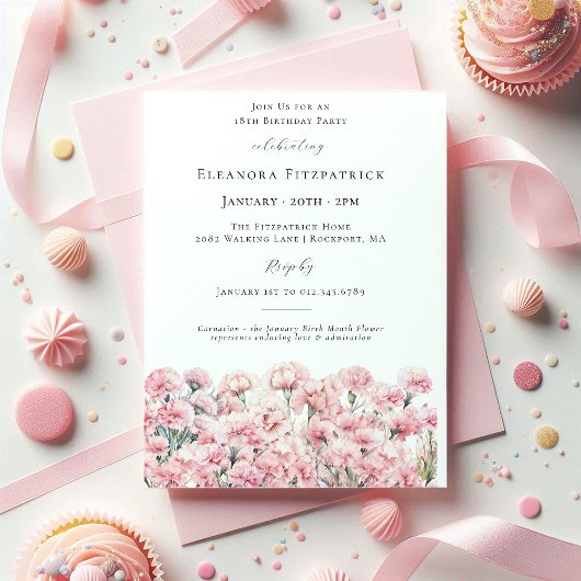 18th Birthday Pink Carnation January Birth Flower 招待状