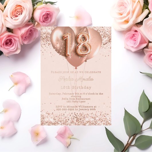 18th birthday rose gold balloons invitation 箔招待状