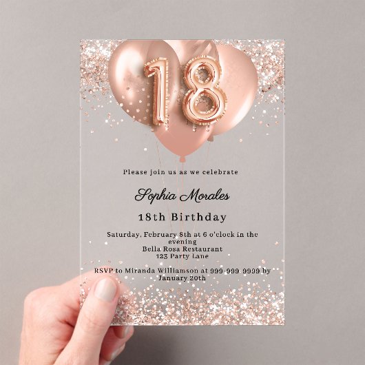 18th birthday rose gold luxury balloons clear アクリル招待状 (インサイチュ (ポータブル))