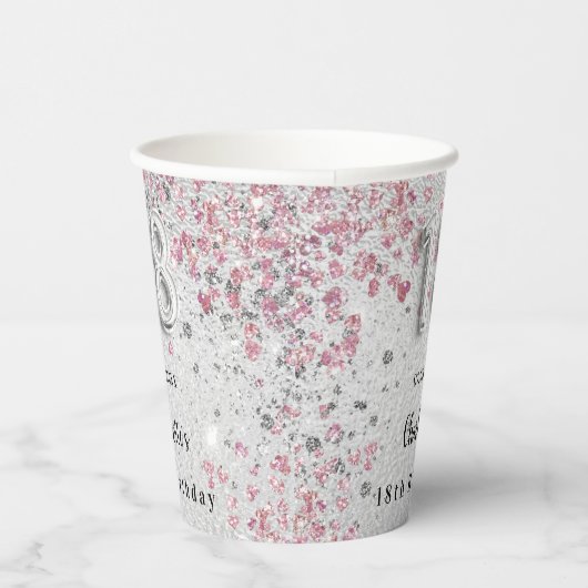 18th birthday silver pinkグリッター名 紙コップ (右)
