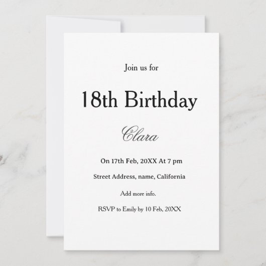 18th birthday simple name minimal black white  招待状 (正面)