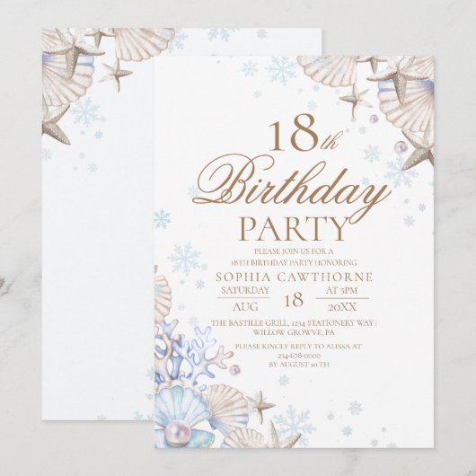 18th Birthday Winter Beach Shells Party 招待状 (正面/裏面)