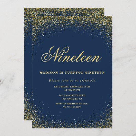 19エレガント歳の誕生日の招待ネイビー金ゴールドグリッター 招待状 (正面/裏面)