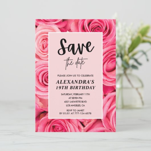 19エレガント歳の誕生日フローラバラ日付を保存 招待状 (スタンド正面)