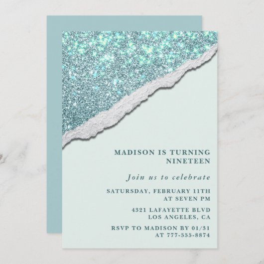19エレガント歳の誕生日招待状スパークルグリッター 招待状 (正面/裏面)