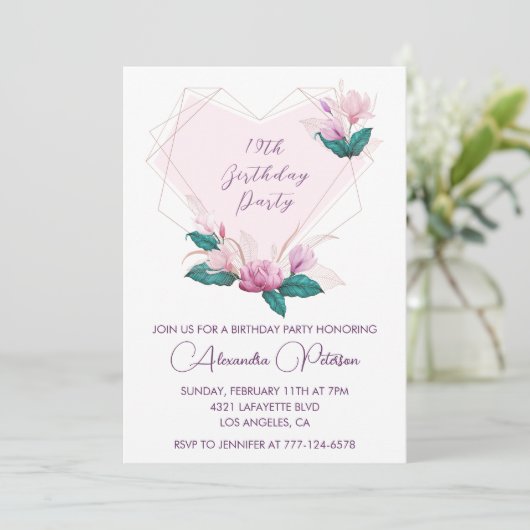 19エレガント歳の誕生日招待状ピンクフローラ 招待状 (スタンド正面)