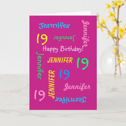 19パーソナライズされた番目の誕生日カード任意の名前，ピンク カード (黄色い花)