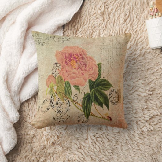19世紀のフランスのな手書きのピンクのシャクヤクのヴィンテージの芸術 クッション (ブランケット)