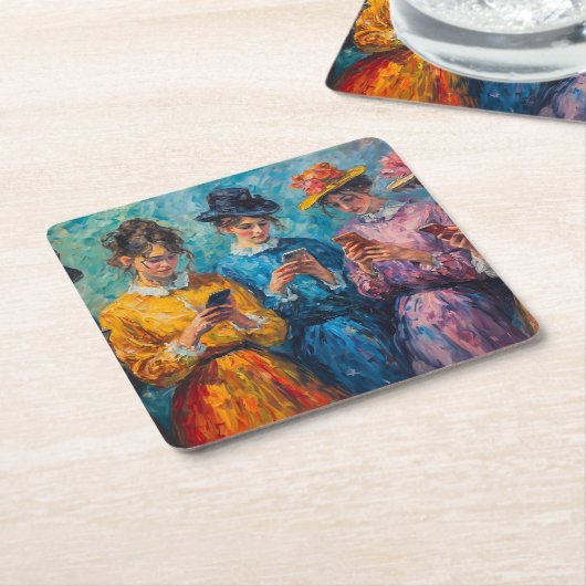 19世紀の人々が電話を使頭が切れるう スクエアペーパーコースター (アングル)