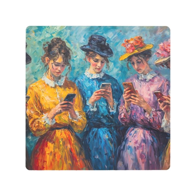 19世紀の人々が電話を使頭が切れるう メタルプリント (正面)