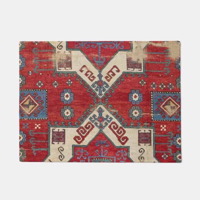 19世紀の本格的な火の赤の装飾モチーフ ドアマット (正面)